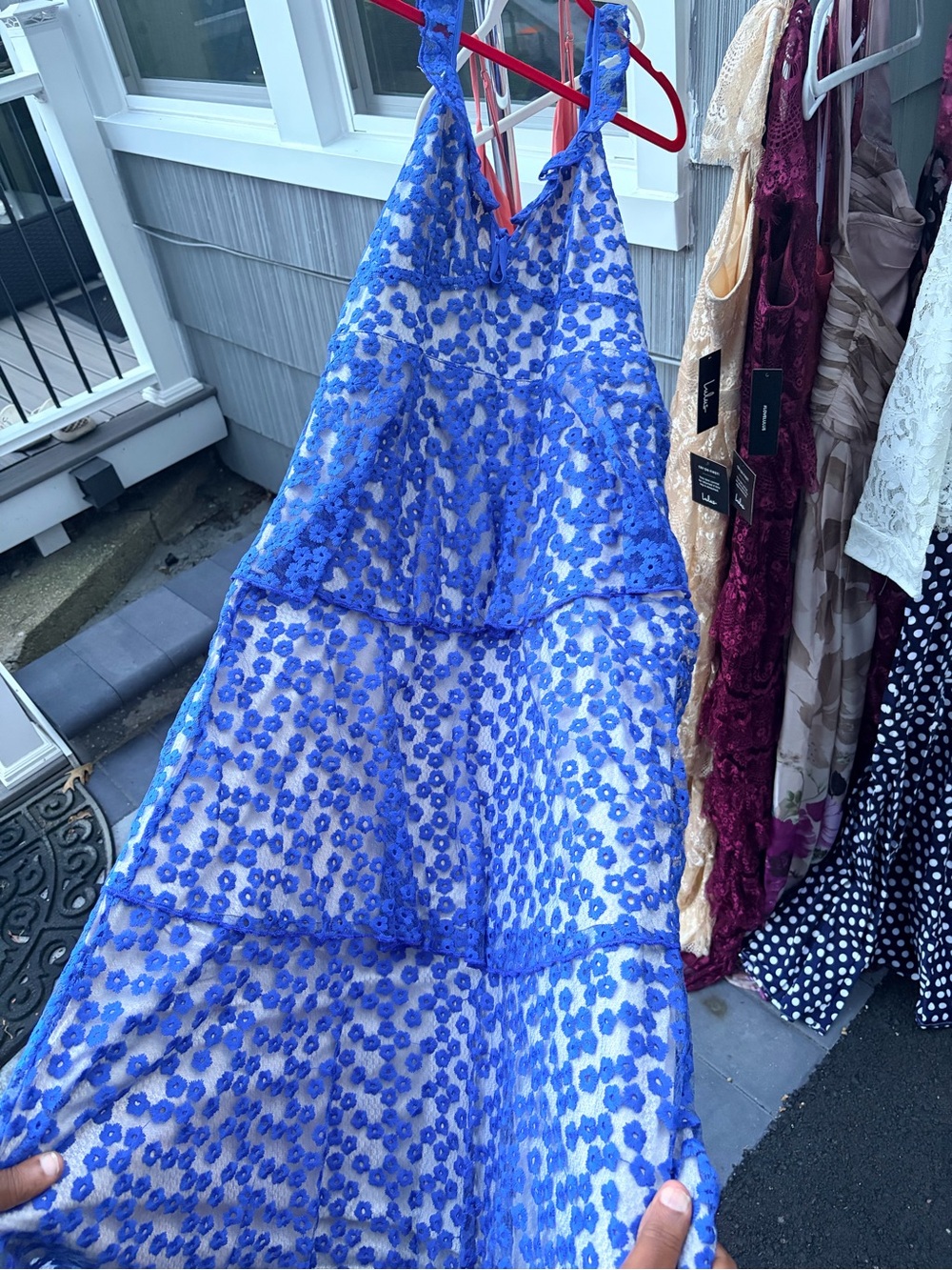 Lulu's Blue Floral Lace Tiered V-Neck Maxi Dress